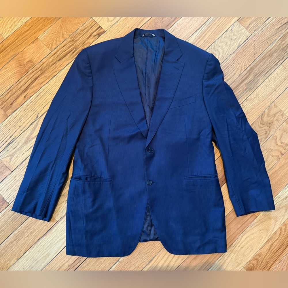 CANALI Travel + Water Resistant Navy Blue Striped Wool Sport Coat Men’s Size 46R